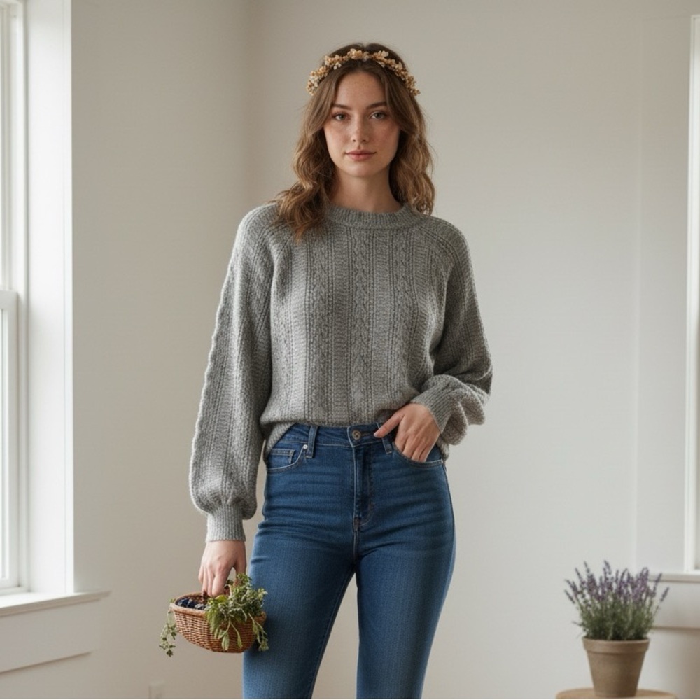 Democracy size M heather Gray ruffle neck balloon sleeve soft sweater feminine